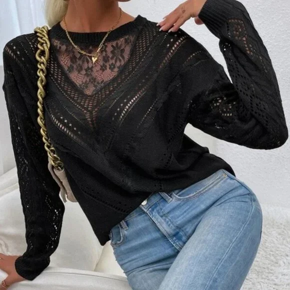 Lace Detailed Long sleeve Knit Sweater  Top Black - Picture 3 of 6